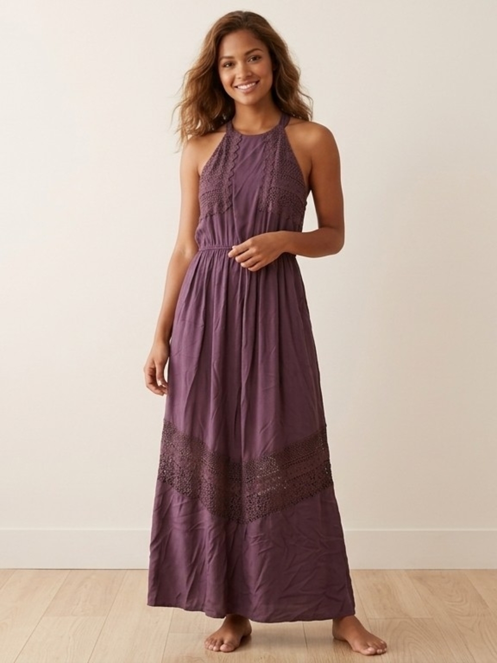 Altar'd State Plum Crochet Halter Maxi Dress